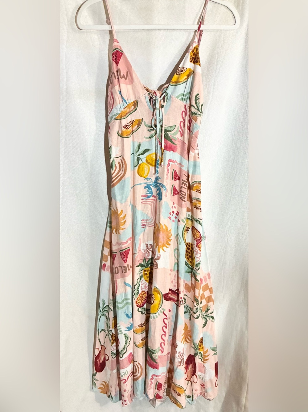 Paper Heart Novelty Linen Dress Sz M Maxi Midi Elastic Back Tie Bow Resort Beach